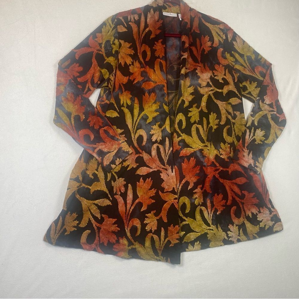 Susan Graver Open Front Floral/Leaf Fall Colors Cardigan Size Large